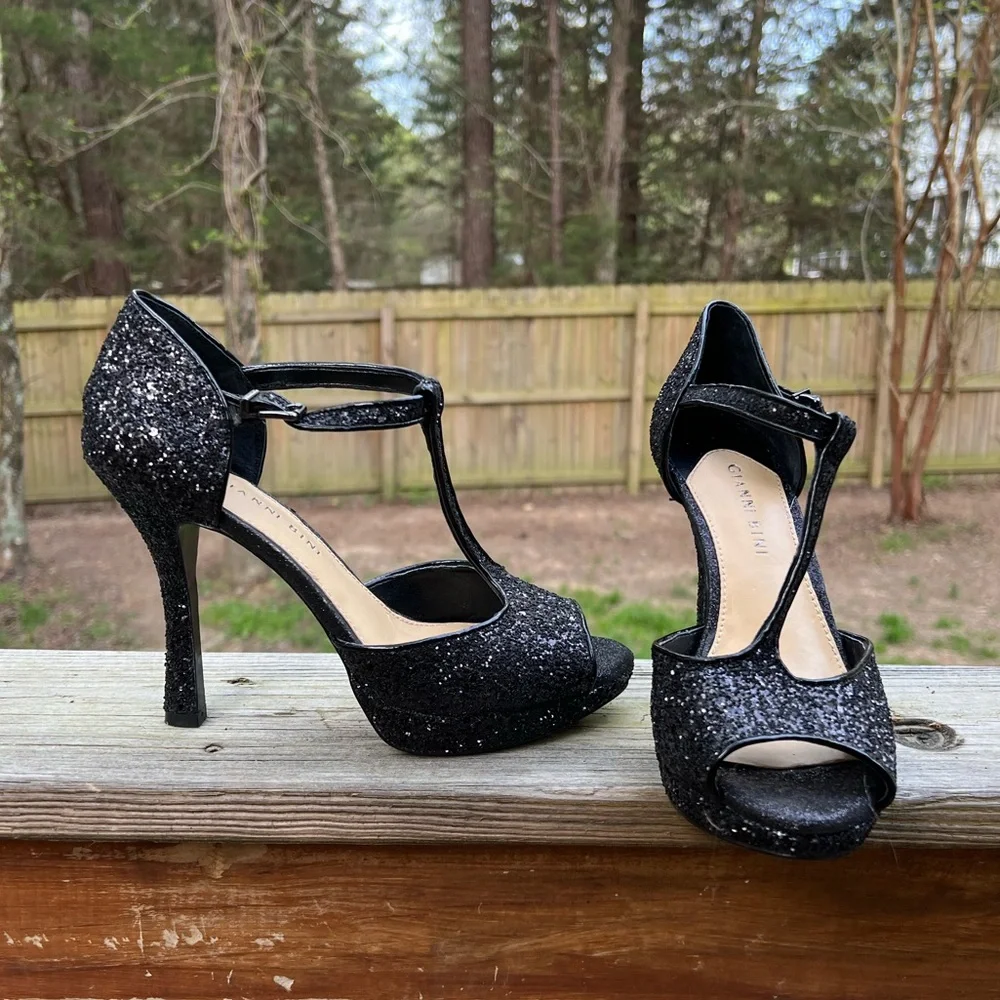 GIANNI BINI Open Toe Black Platform Sparkle Glitter Heels Women’s 7.5